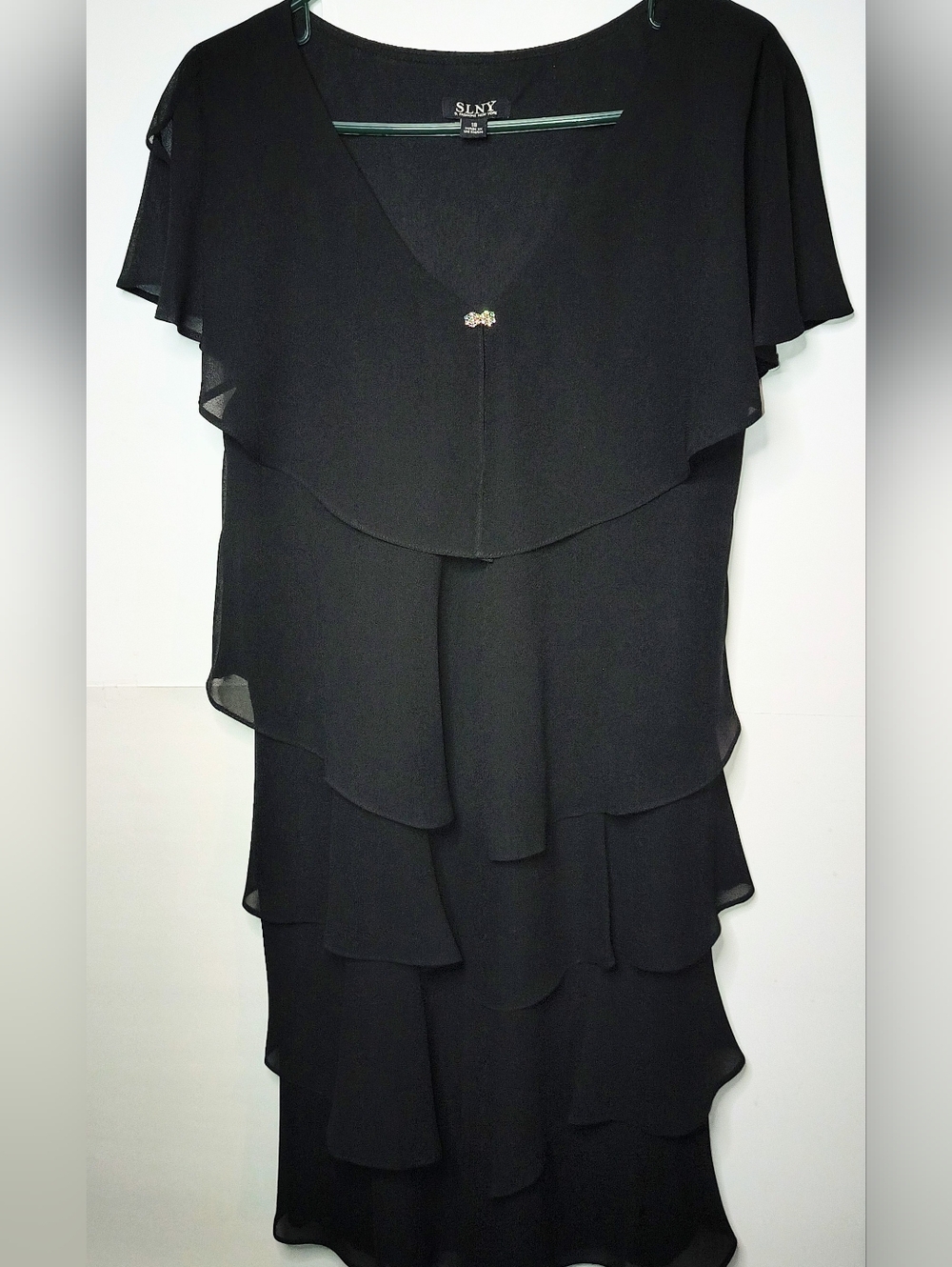 SLNY Black Layered Midi Dress with Brooch Accent